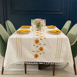 URBAN SPACE White Floral Anti-Slip Cotton 6-Seater Table Cover with Embroidered details-21