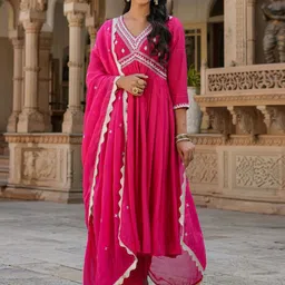 Siya Fashion Floral Yoke Design Thread Work Chanderi Silk Kurta With Trousers & Dupatta-image-50