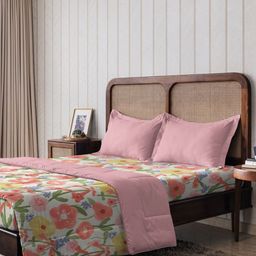 The Happy Pod Pink & White Microfiber Queen Bedsheet & Comforter with 2 Pillow Covers-11