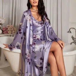 For You For Me Floral Printed Satin Nightdress with Robe-image-81