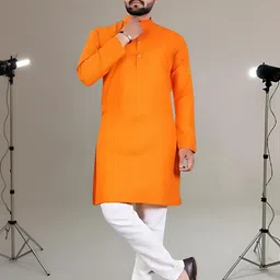 PoshSide Men Solid Straight Kurta (Orange)-image-34