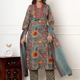 Swasti Floral Printed V-Neck Sequinned Pure Cotton Straight Kurta With Trousers & Dupatta-picture-53