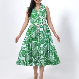 RANGRIWAZ Tropical Printed Tiered Cotton Fit & Flare Midi Dress-picture-37