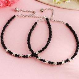 DIVASTRI Set Of 2 Sttainless Steel Silver-Plated Artificial Stones Beaded Anklet-image-33