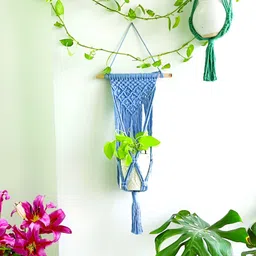 Story of Knots Blue Pure Cotton Macrame Wall Hanging Planter-19