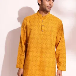 Fabindia Ethnic Motifs Block Printed Mandarin Collar Cotton Short Straight Kurta-image-70