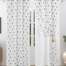 Aura Silver-Toned & White Embroidered Black Out Window Curtain-46