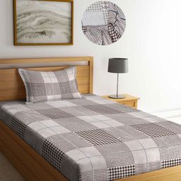Aura Brown & White Geometric 350 TC Single Bedsheet with 1 Pillow Covers-image-45
