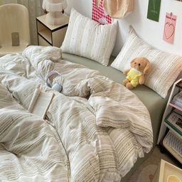JC HOME Green & Off White Striped Printed Double King Regular Bedding Set-image-59