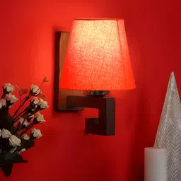 Devansh Orange & Brown Wood Traditional Frustum Shaped Wall Lamp-2