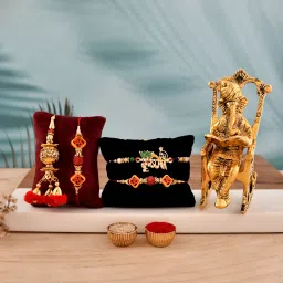 Designer Rakhi Gifts for Bhaiya Bhabhi - Lord Ganesha Idol Statue/Special Greeting Card Mauli Thread ShowpieceSet-image-60