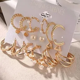 TheVineGirl Set of 9 Pearl Studded Half Hoop Earrings-picture-16