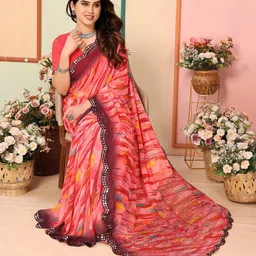The Textile Hub Abstract Printed Mirror Work Pure Georgette Saree-1