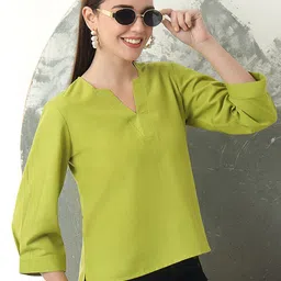 FITHUBwomen Solid V-Neck Three-Quarter SleevesLinen Top-image-99