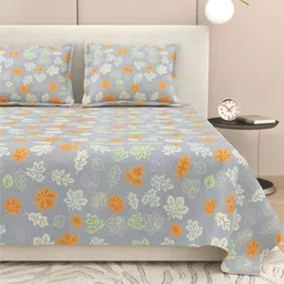 DREAM WEAVERZ Grey And Orange Printed Cotton 220 TC King Bedsheet Set 2.75m x 2.55m-image-2