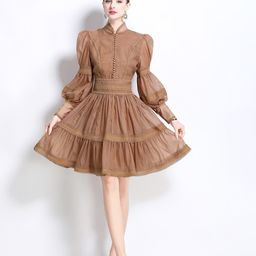 JC Collection Women Mandarin Collar Puff Sleeves Lace Inserts Fit and Flare Dress-image-83