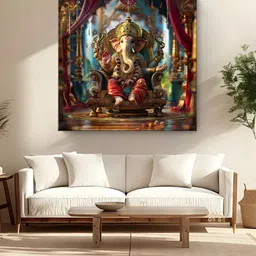 999Store Red & Cream Colored Lord Ganesha Printed Canvas Wall Art-4