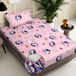 KLOTTHE Blue & Pink Printed 400 TC Pure Cotton Fitted Single Bedsheet With 1 Pillow Covers-picture-27