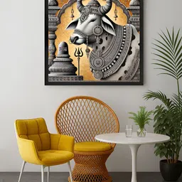 999Store Grey & Yellow Nandi Bull With Lingam Religious Canvas Wall Art-image-29