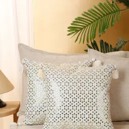 eyda Green & Beige 2 Pieces Mirror Work Tasselled Cushion Covers-image-8