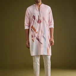 KALKI Fashion Men Pink Printed Regular Linen Kurta with Trousers-picture-13