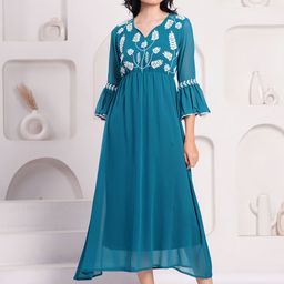OH MI DIOS Ethnic Motifs Embroidered Bell Sleeves Georgette Fit & Flare Dress-image-15