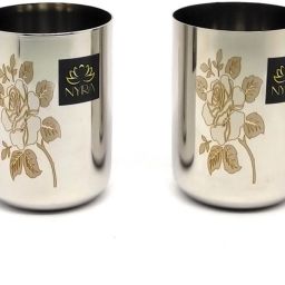 (Pack of 2) ®Stainless Steel Glass for Water,Juice,with Floral Laser Design,400MLeach Glass Set Water/Juice Glass-image-73