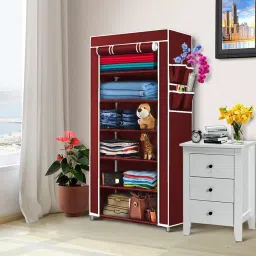 6 Layer Metal Frame Clothes Organizer - Maroon PP Collapsible Wardrobe-image-50
