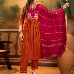 SheWill Orange DChinon Silk Blend Thread Zari Sequence Cut Kurta Pant Dupatta Embroidered Kurta, Trouser/Pant & Dupatta Set-picture-22