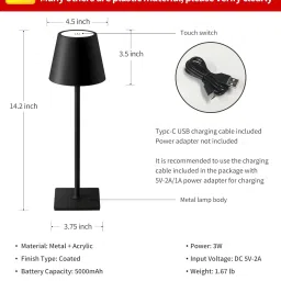 arthasya Cordless Table Lamp, USB Rechargeable Desk Lamp, LED Battery Operated lamp Table Lamp image 4