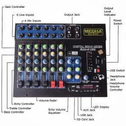 medha d.j. plus Professional 6-Channel Stereo Echo DJ Sound Mixer with USB ,BT for All Functions Analog Sound Mixer image 3