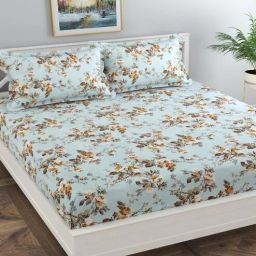 florida Blue Floral 130 TC Poly Cotton Queen Sized Bed Sheets with 2 Pillow Covers-picture-23