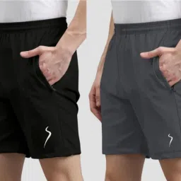 Pack of 2 Solid Men Black, Grey Sports Shorts-image-13
