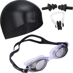 lebami 100% Silicone Anti Fog Swimming Goggles, Cap, Earplug & Noseplug Set (Black) Swimming Kit-picture-37