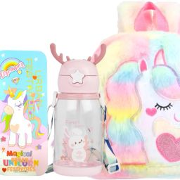 Unicorn Bag Combo For Girls Geometry Box,Horn Bottle For Kids Gift For Kids Waterproof School Bag-image-6