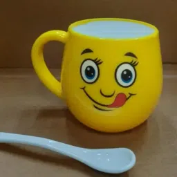 Pack of 1 Ceramic plastic Smiley Face Cups Emoji Style Tea Cup with Handle Microwave Safe Tea Cup/Coffee Cup of 1 pic(Yellow - 1 Piece Random Design)-image-77