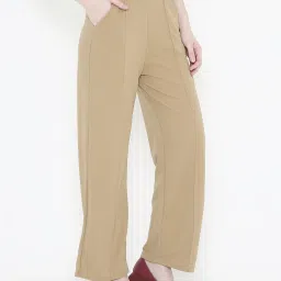 Women Regular Fit Cream Polyester Trousers-image-4
