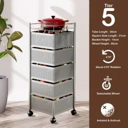 5-Tier Revolving Multipurpose Storage Rack with Wheels | Silver Iron Kitchen Trolley-image-78