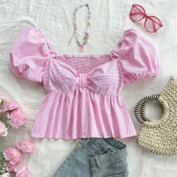 Casual Puff Sleeves Self Design Women Pink Top-image-99