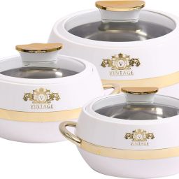 Vintage Casserole Set with Lockable Glass Lid for Serving, gifting and Multi Use Pack of 3 Thermoware Casserole Set-image-65