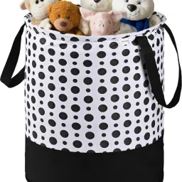 Cotton Polka Dots Foldable 45L Toys Organizer for Kids Room | Black & White Storage Basket-picture-19