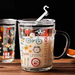Glass Tumbler with Lid and Silicon Straw Coffee Tea Cup Travel Smoothies Fruit Juice Bottle for Home and Office Milk Thick Shake for Kids Juice Cartoon Printed Design Glass Drinking(Random Design)( 350ML 1Piece) Glass Coffee Mug-7