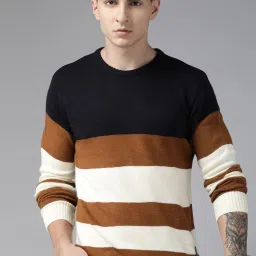 Men Striped Round Neck White Sweater-image-29