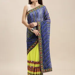 KAVINDI Embroidered & Embellished Pure Georgette Half and Half Bandhani Saree-25