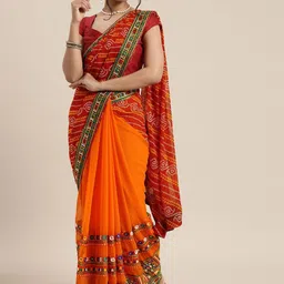 KAVINDI Embroidered & Embellished Pure Georgette Half and Half Bandhani Saree-11