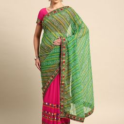 KAVINDI Embroidered & Embellished Pure Georgette Half and Half Bandhani Saree-image-83