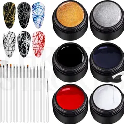 thr3e strokes 6 Colors Nail Art Spider Silk Adhesive Spider Gel For Nail Art 15pcs Nail Brush-picture-2