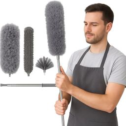 3 in 1 Microfiber Feather Duster With Bendable & Extendable Fan Cleaning Brush Wet and Dry Duster Set-image-113