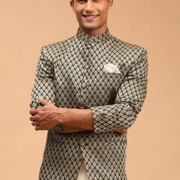 VASTRAMAY Men Black & Gold-Toned Printed Slim-Fit Bandhgala Blazers-picture-46