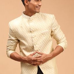 VASTRAMAY Men Cream Colored Self-Design Slim-Fit Single Breasted Jodhpuri Blazers-37
